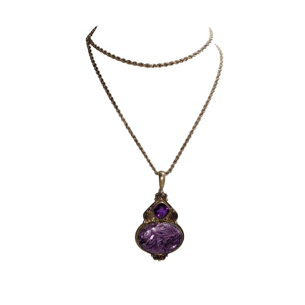Natural Charoite Purple Amethyst Pendant Channel Set Sterling Silver Signed
